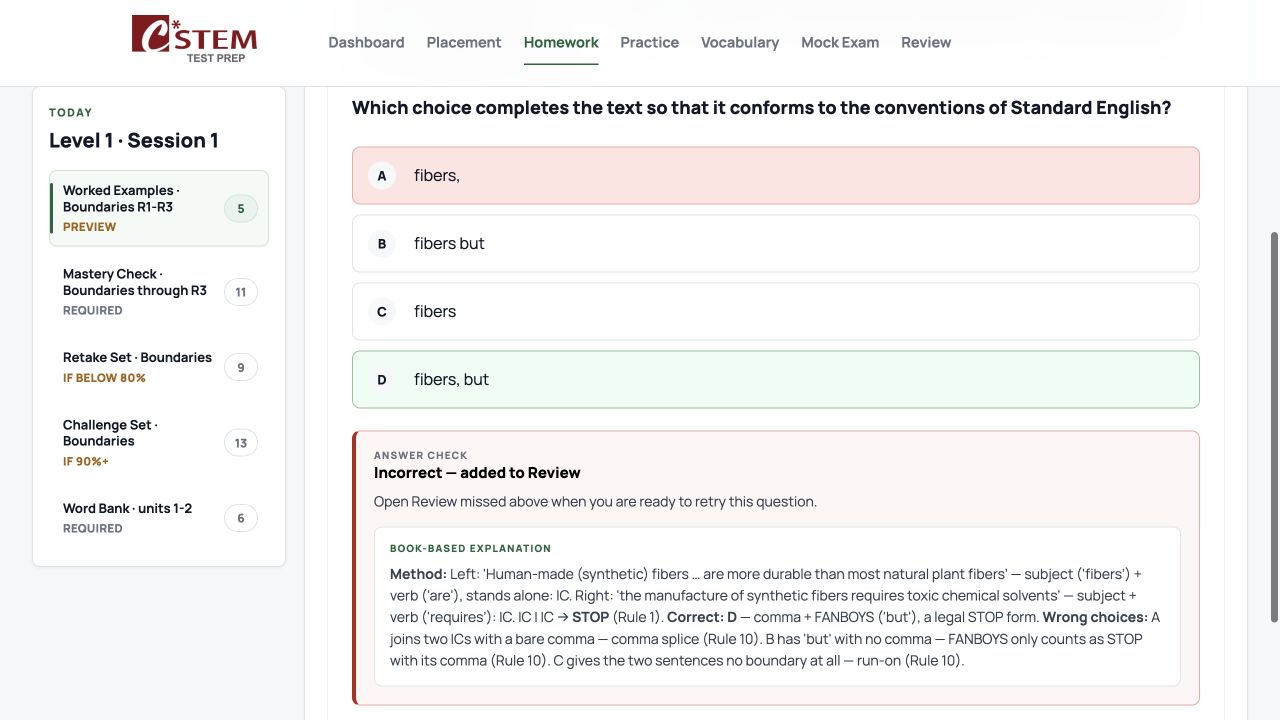 Actual IPE SAT Review screen showing the rule behind a missed answer