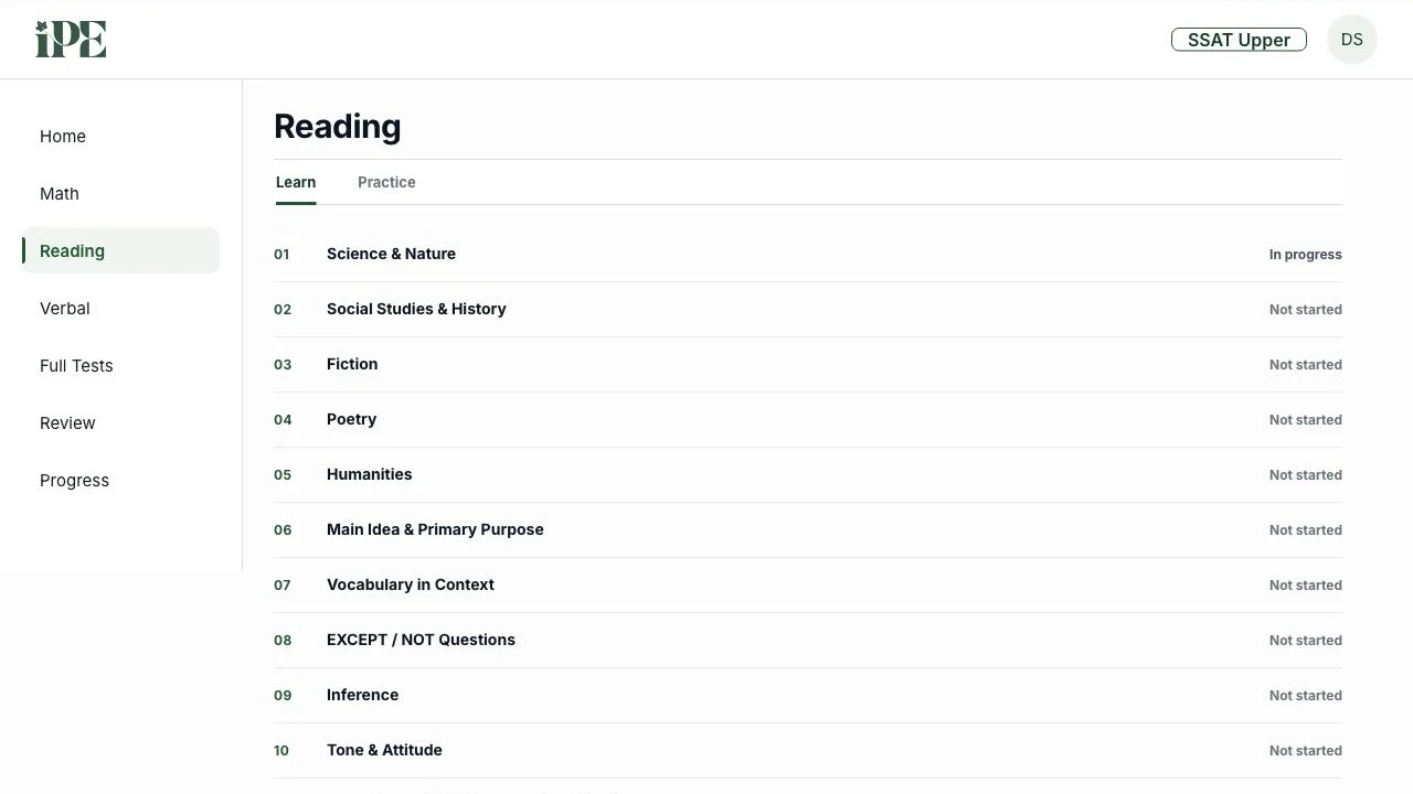 Actual IPE SSAT Upper Reading screen showing timed reading tests